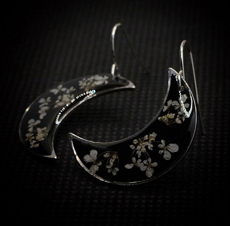 Boho Botanical Crescent Moon Earrings with Pressed Flowers