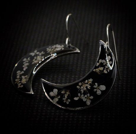 Boho Botanical Crescent Moon Earrings with Pressed Flowers