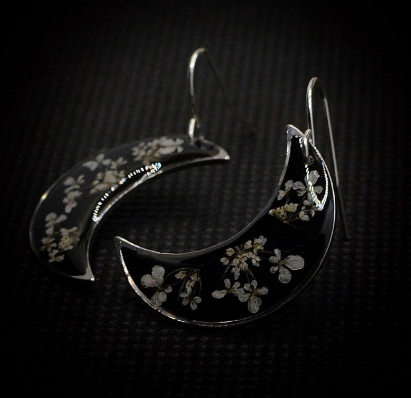 Boho Botanical Crescent Moon Earrings with Pressed Flowers