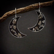 Boho Botanical Crescent Moon Earrings with Pressed Flowers