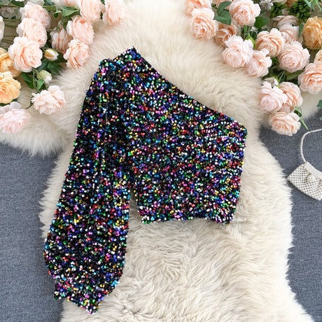 She's a Star One Shoulder Puff Sleeve Short Sequinned Top