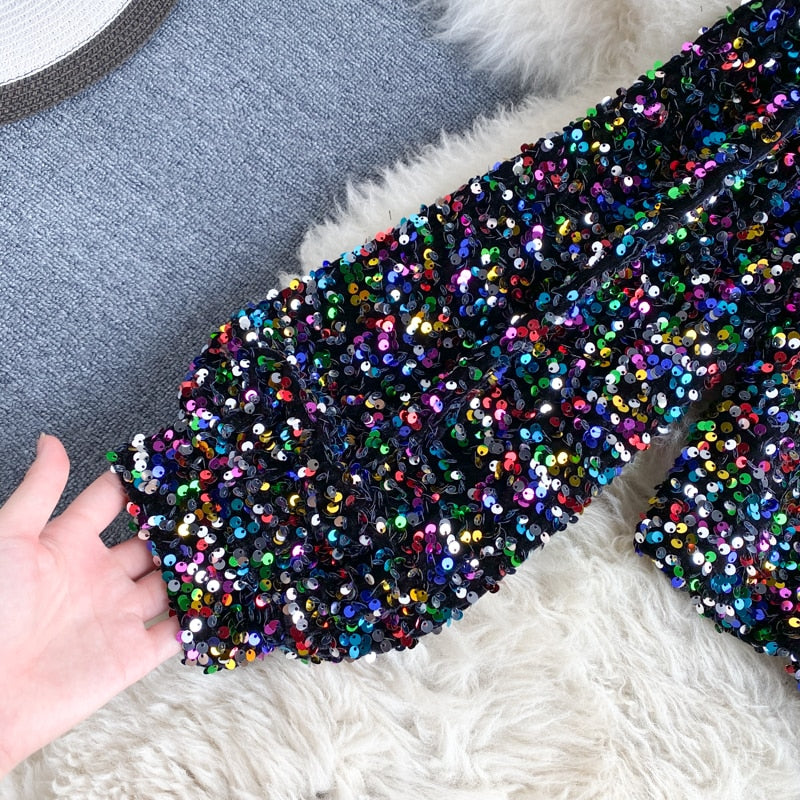 She's a Star One Shoulder Puff Sleeve Short Sequinned Top