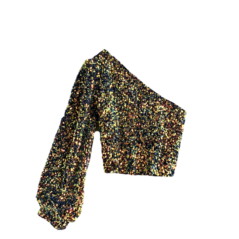 She's a Star One Shoulder Puff Sleeve Short Sequinned Top