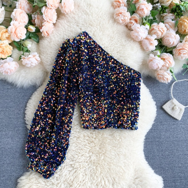 She's a Star One Shoulder Puff Sleeve Short Sequinned Top