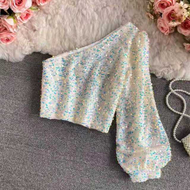 She's a Star One Shoulder Puff Sleeve Short Sequinned Top