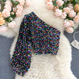 She's a Star One Shoulder Puff Sleeve Short Sequinned Top