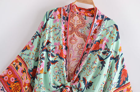 Boho Vintage  Floral Print Short Kimono Blouse