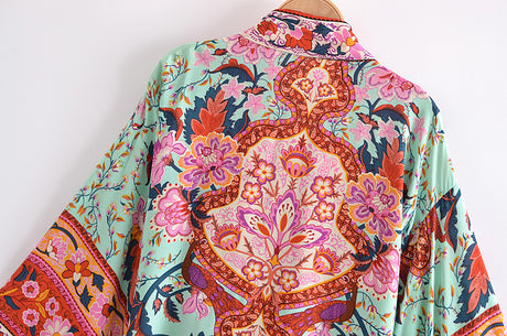 Boho Vintage  Floral Print Short Kimono Blouse
