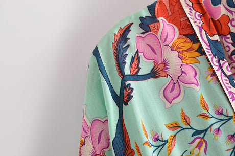 Boho Vintage  Floral Print Short Kimono Blouse