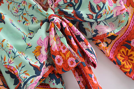 Boho Vintage  Floral Print Short Kimono Blouse