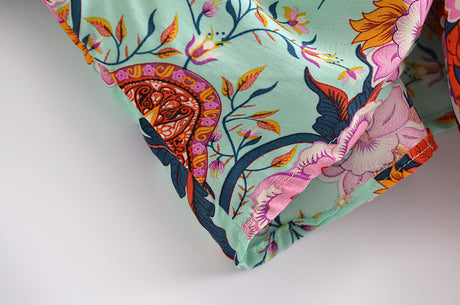 Boho Vintage  Floral Print Short Kimono Blouse