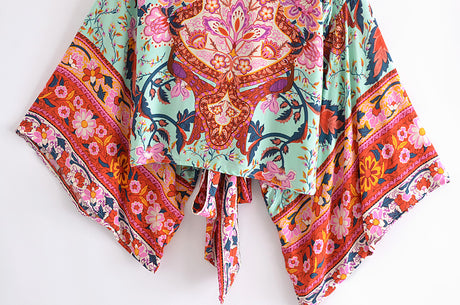 Boho Vintage  Floral Print Short Kimono Blouse