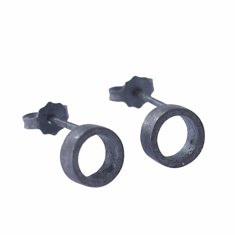 Round Stud Earrings Oxidized Black 925 Sterling Silver