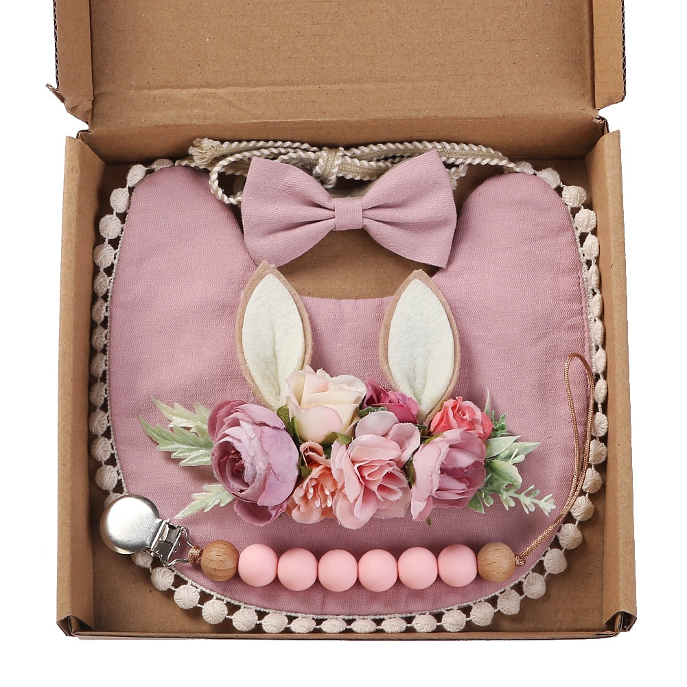 4Pcs/Gift Box Set Floral Baby Bib Headband Hair Band Food Grade Silicone Beads Pacifier Clip Chain