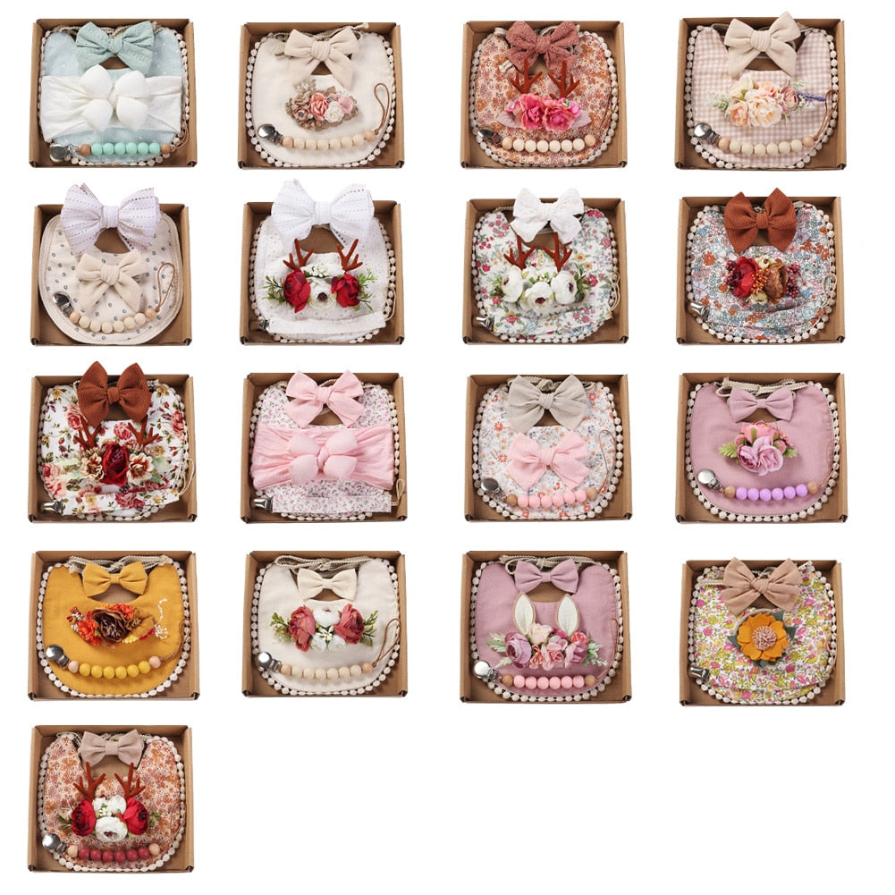 4Pcs/Gift Box Set Floral Baby Bib Headband Hair Band Food Grade Silicone Beads Pacifier Clip Chain