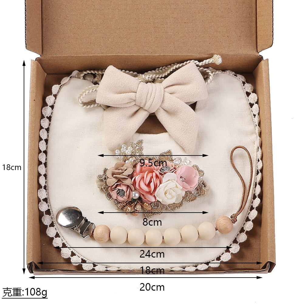 4Pcs/Gift Box Set Floral Baby Bib Headband Hair Band Food Grade Silicone Beads Pacifier Clip Chain