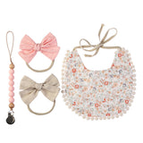 4Pcs/Gift Box Set Floral Baby Bib Headband Hair Band Food Grade Silicone Beads Pacifier Clip Chain