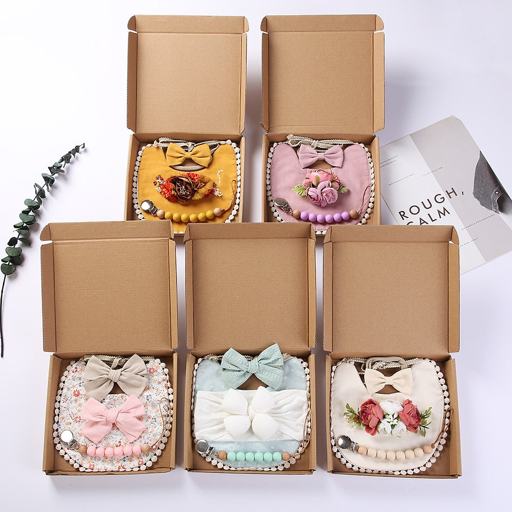 4Pcs/Gift Box Set Floral Baby Bib Headband Hair Band Food Grade Silicone Beads Pacifier Clip Chain