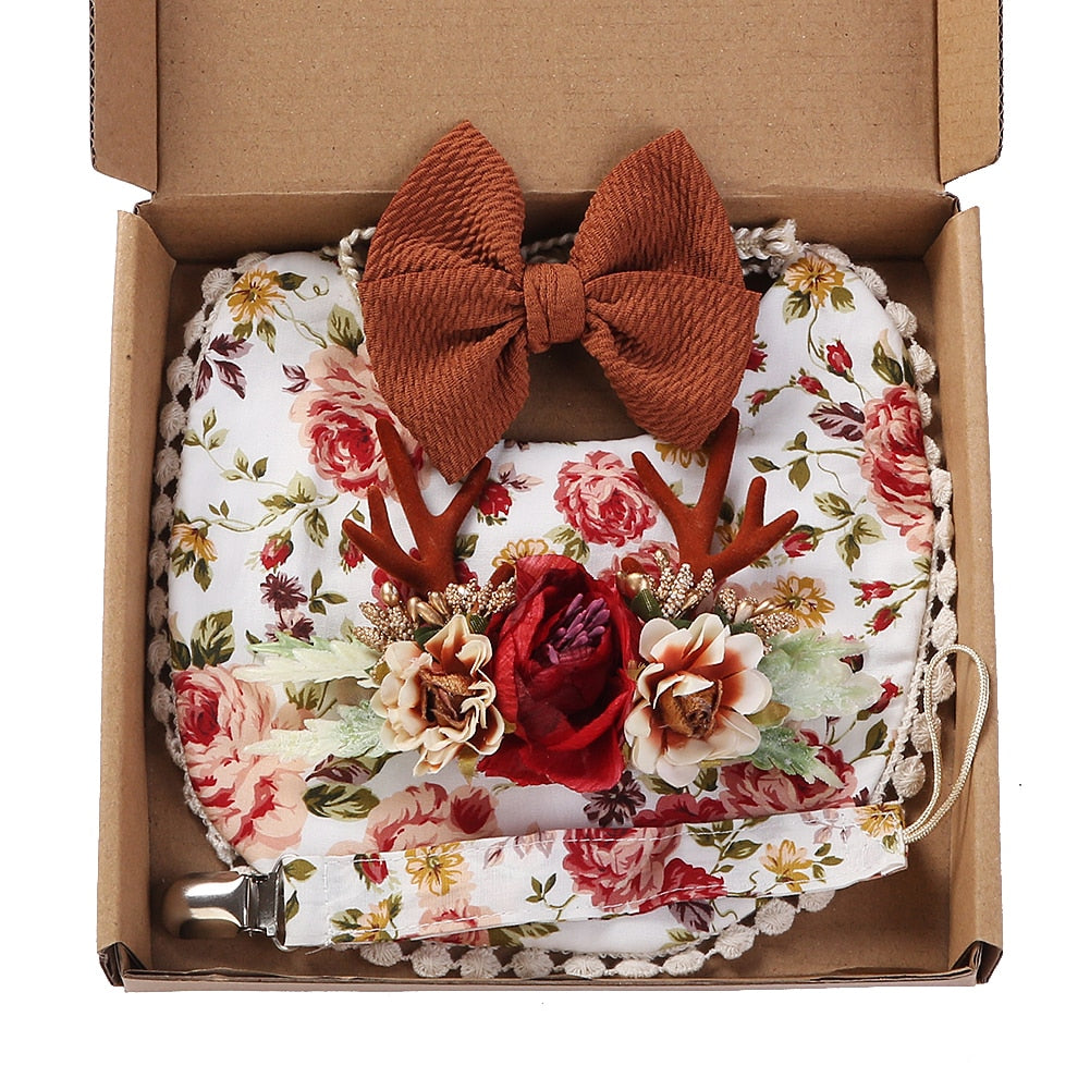 4Pcs/Gift Box Set Floral Baby Bib Headband Hair Band Food Grade Silicone Beads Pacifier Clip Chain