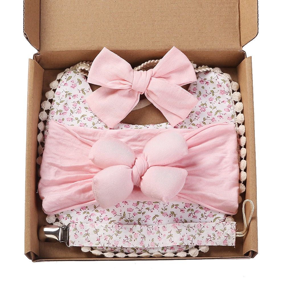 4Pcs/Gift Box Set Floral Baby Bib Headband Hair Band Food Grade Silicone Beads Pacifier Clip Chain