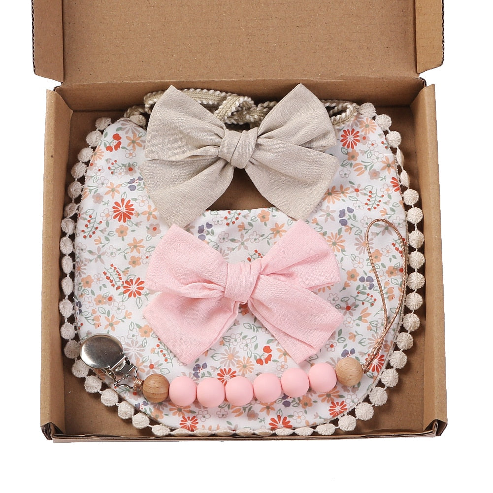 4Pcs/Gift Box Set Floral Baby Bib Headband Hair Band Food Grade Silicone Beads Pacifier Clip Chain