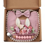 4Pcs/Gift Box Set Floral Baby Bib Headband Hair Band Food Grade Silicone Beads Pacifier Clip Chain