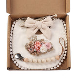 4Pcs/Gift Box Set Floral Baby Bib Headband Hair Band Food Grade Silicone Beads Pacifier Clip Chain