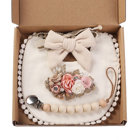 4Pcs/Gift Box Set Floral Baby Bib Headband Hair Band Food Grade Silicone Beads Pacifier Clip Chain
