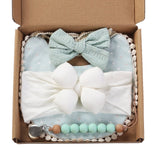 4Pcs/Gift Box Set Floral Baby Bib Headband Hair Band Food Grade Silicone Beads Pacifier Clip Chain