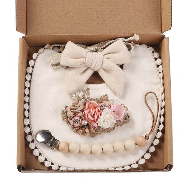 4Pcs/Gift Box Set Floral Baby Bib Headband Hair Band Food Grade Silicone Beads Pacifier Clip Chain
