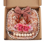 4Pcs/Gift Box Set Floral Baby Bib Headband Hair Band Food Grade Silicone Beads Pacifier Clip Chain