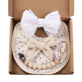 4Pcs/Gift Box Set Floral Baby Bib Headband Hair Band Food Grade Silicone Beads Pacifier Clip Chain