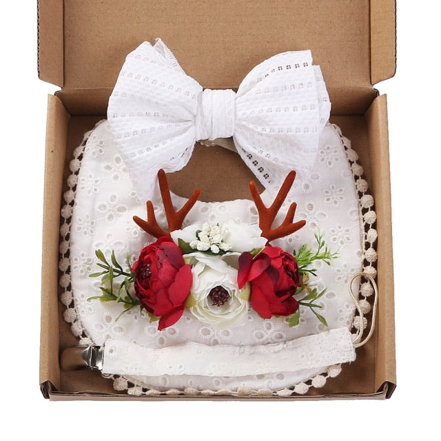 4Pcs/Gift Box Set Floral Baby Bib Headband Hair Band Food Grade Silicone Beads Pacifier Clip Chain