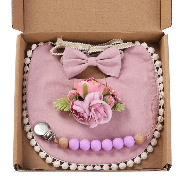 4Pcs/Gift Box Set Floral Baby Bib Headband Hair Band Food Grade Silicone Beads Pacifier Clip Chain