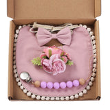 4Pcs/Gift Box Set Floral Baby Bib Headband Hair Band Food Grade Silicone Beads Pacifier Clip Chain