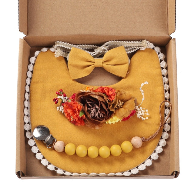 4Pcs/Gift Box Set Floral Baby Bib Headband Hair Band Food Grade Silicone Beads Pacifier Clip Chain