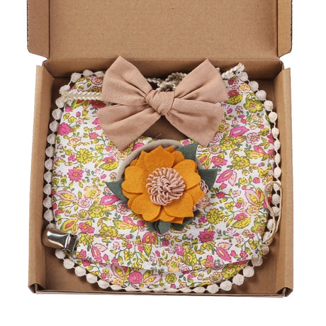4Pcs/Gift Box Set Floral Baby Bib Headband Hair Band Food Grade Silicone Beads Pacifier Clip Chain