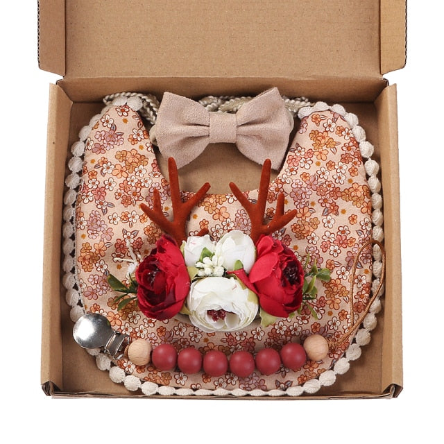 4Pcs/Gift Box Set Floral Baby Bib Headband Hair Band Food Grade Silicone Beads Pacifier Clip Chain