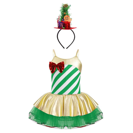 Girls Christmas Concert Performance Costume Leotard Tutu Dress with Headband