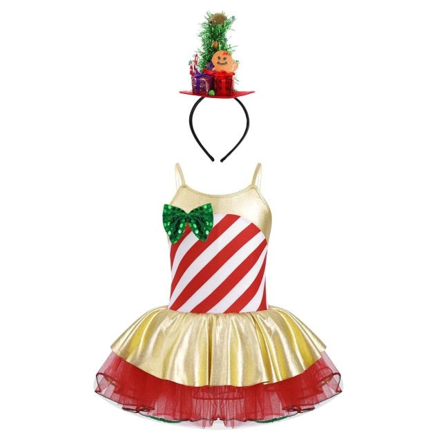 Girls Christmas Concert Performance Costume Leotard Tutu Dress with Headband