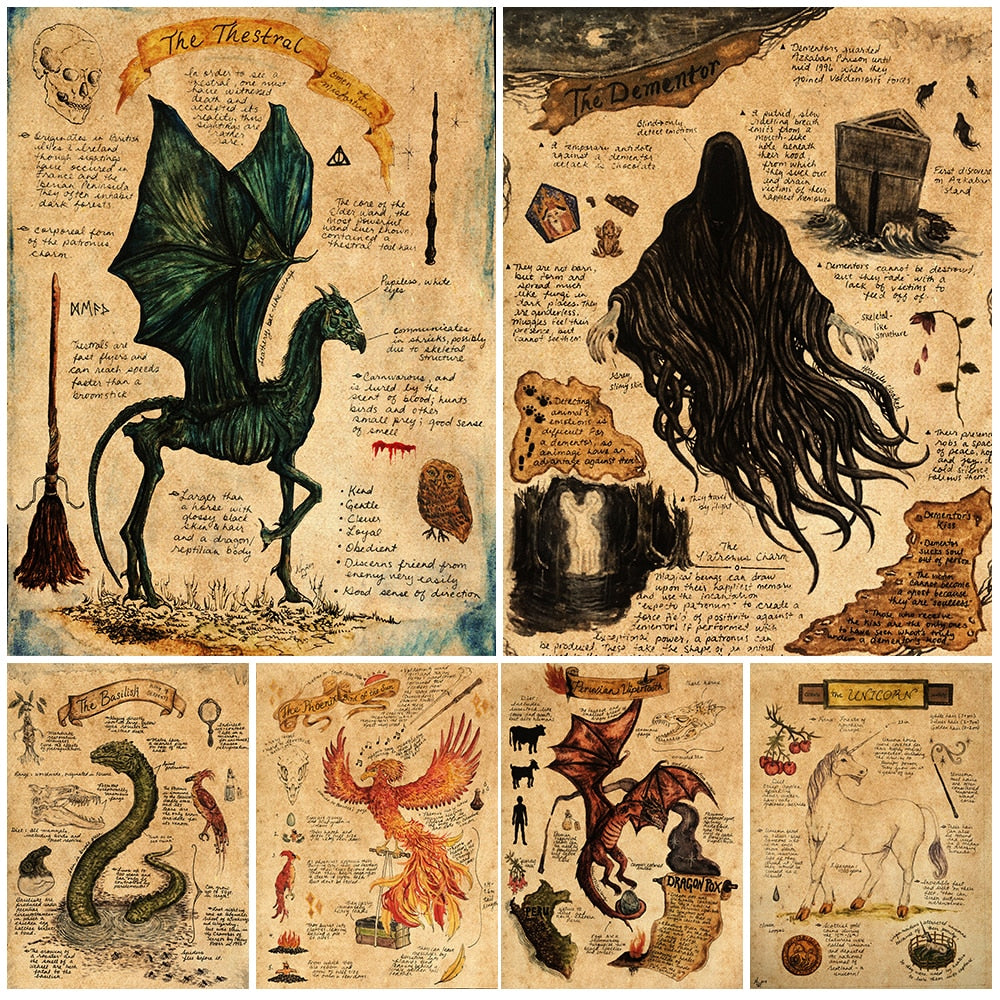 Poster Prints - Dementor, Dragon, Basilisk, Grey Wolf, Phoenix, Thestral, Unicorn and Peruvian Vipertooth