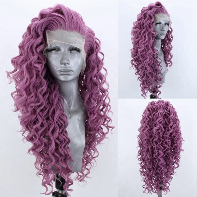 Ivy Long Curls Synthetic Hair Lace Front Wig (Green, Pink, Peach, Purple)