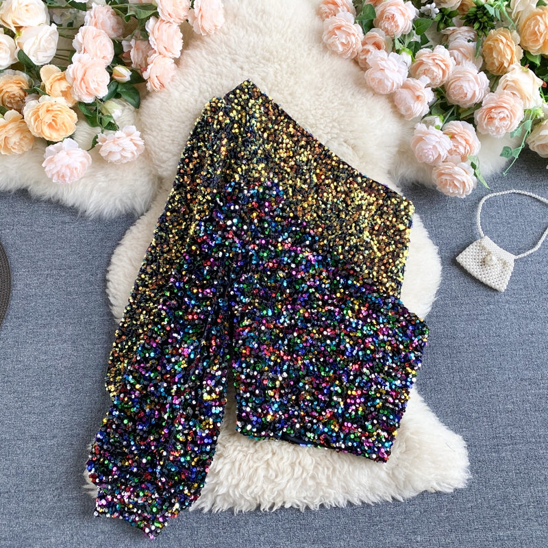 She's a Star One Shoulder Puff Sleeve Short Sequinned Top