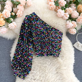 She's a Star One Shoulder Puff Sleeve Short Sequinned Top