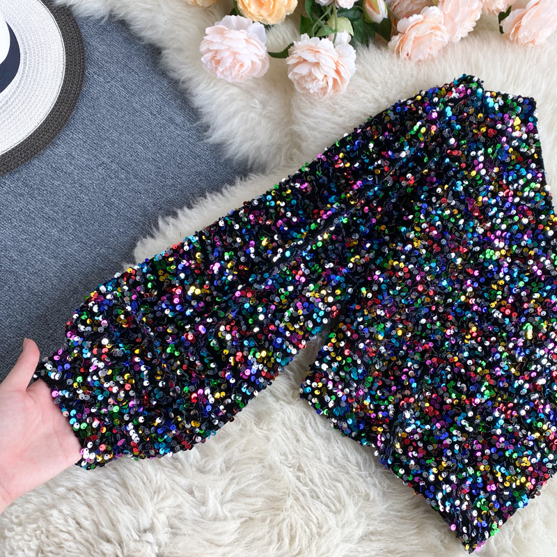She's a Star One Shoulder Puff Sleeve Short Sequinned Top