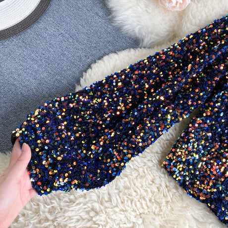 She's a Star One Shoulder Puff Sleeve Short Sequinned Top