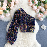 She's a Star One Shoulder Puff Sleeve Short Sequinned Top