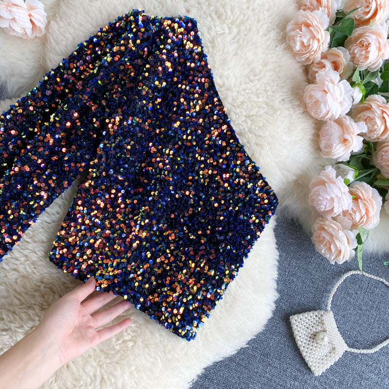 She's a Star One Shoulder Puff Sleeve Short Sequinned Top