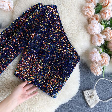 She's a Star One Shoulder Puff Sleeve Short Sequinned Top