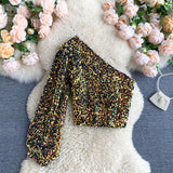 She's a Star One Shoulder Puff Sleeve Short Sequinned Top